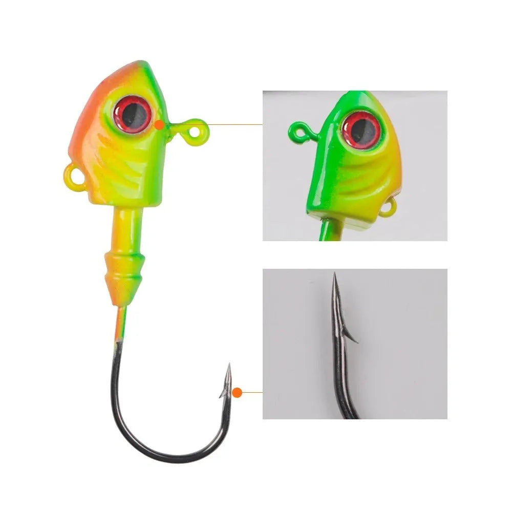 Three yayu shaped lead fishing jig hooks in different weights and colours on a blue background.