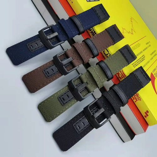 Oxford cloth canvas watch strap in camouflage colour showing short and extended length options for 24mm lug width