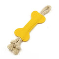 Bone-shaped dog toy with rope knots in four colour options showing dimensions of 16cm length