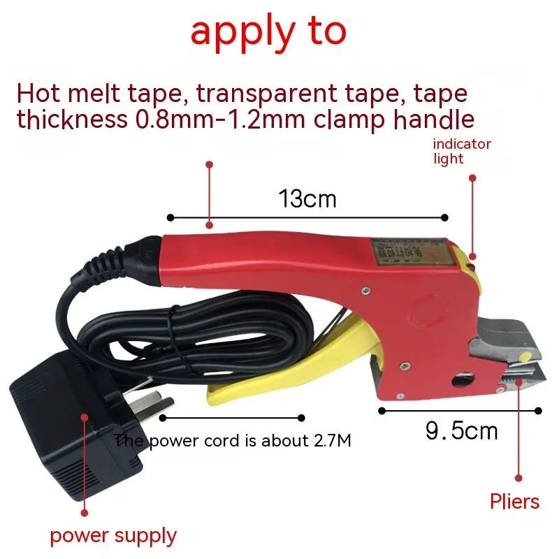 Electric hot melt packing machine with plastic steel tensioner and yellow packaging tape on a work surface.