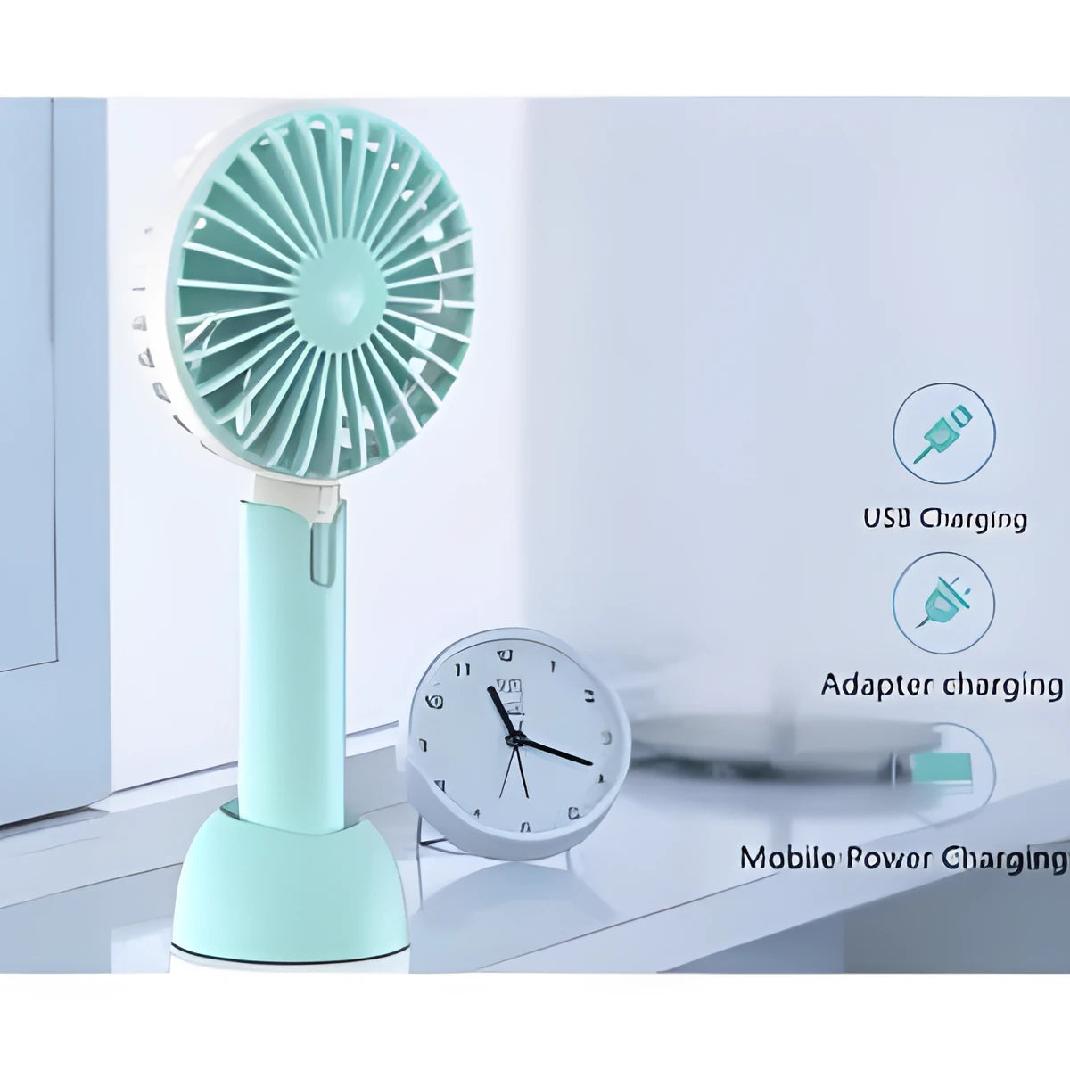 Blue handheld mini USB electric desk fan with oscillating head on a desktop