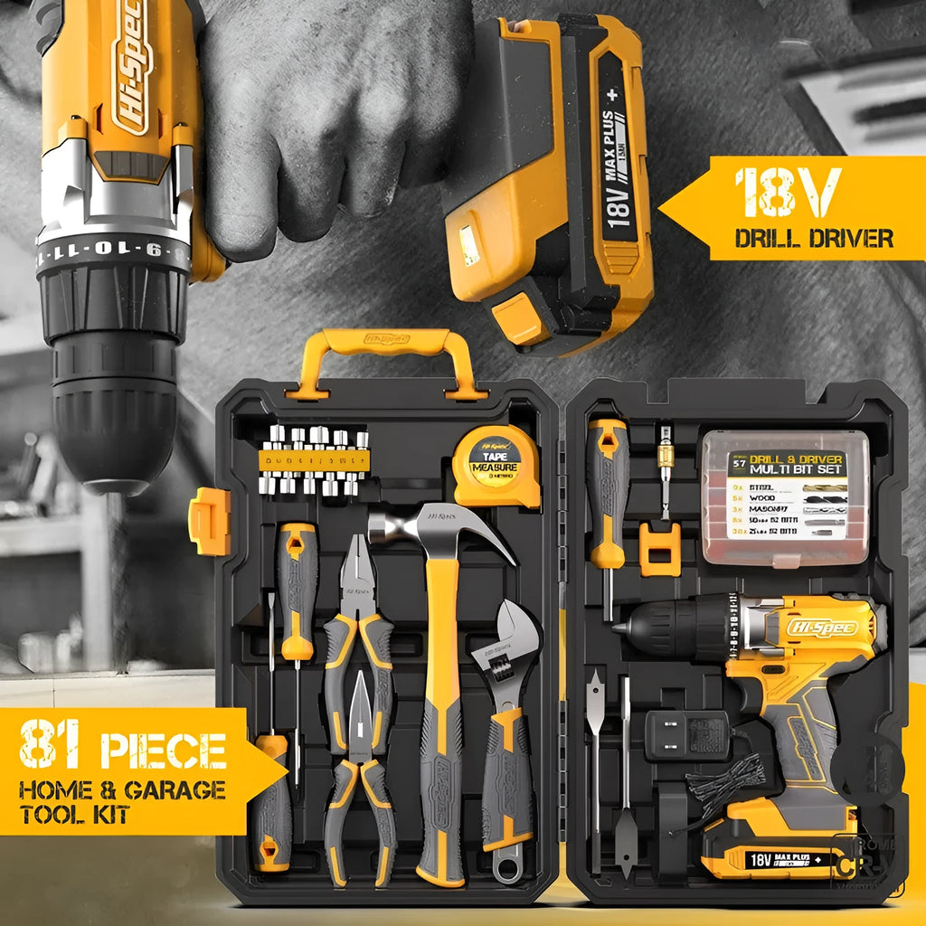 82-piece grey yellow tool combo set for furniture installation in storage case with chrome-vanadium steel tools