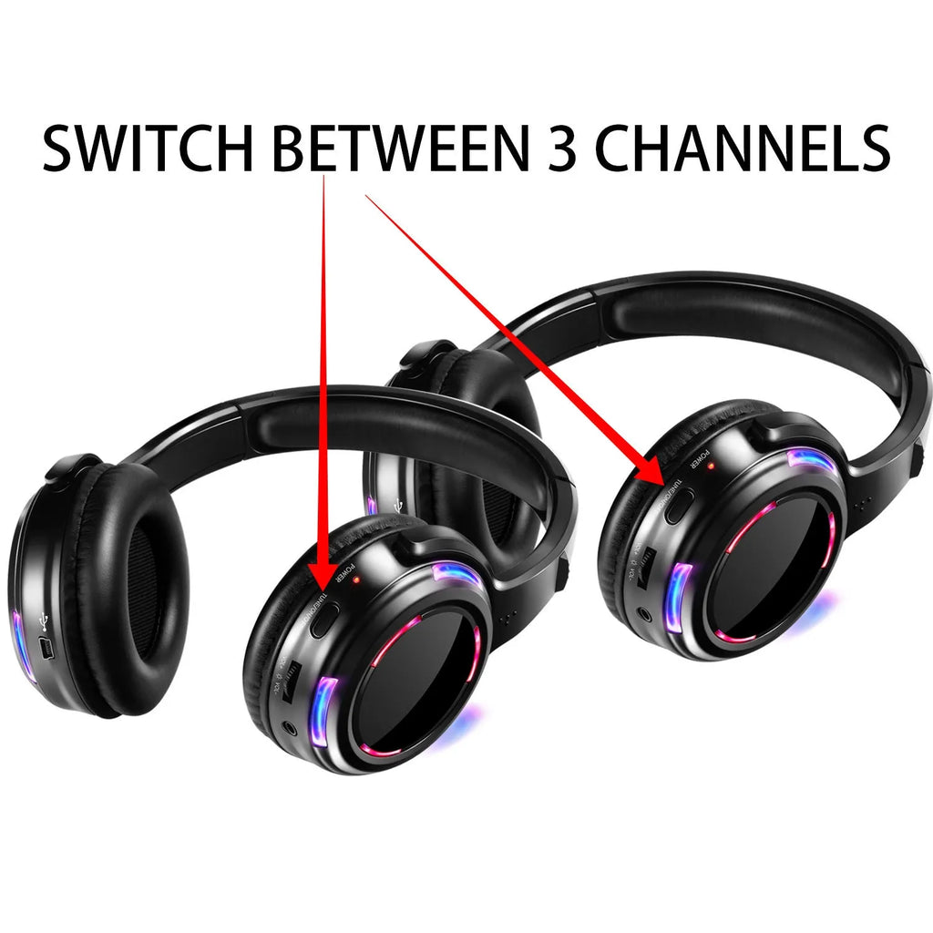 Black silent disco wireless headphones with head-mounted design and 3.5mm connection cable