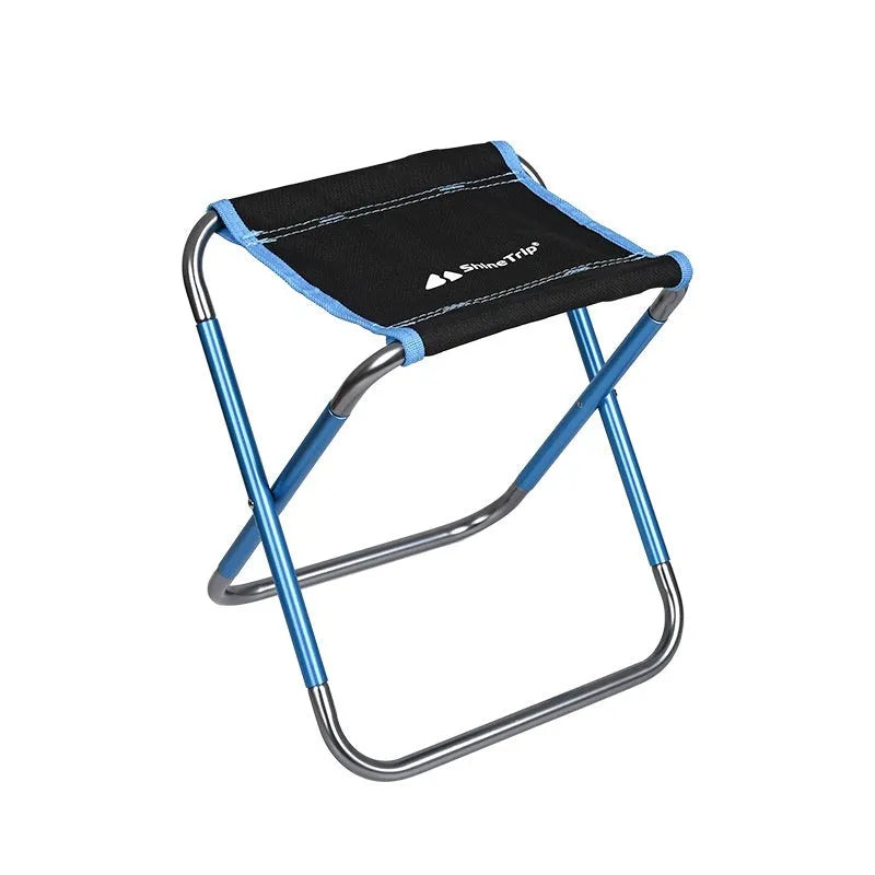 Black aluminium alloy folding camp stool with ethnic pattern, shown in folded and open positions.