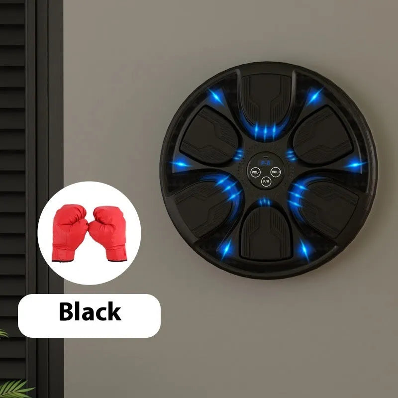 Black wall-mounted boxing target with gloves for home training and reaction practice