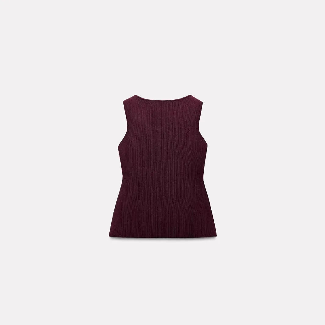 Women's dark red viscose sleeveless sweater vest with gold buttons and 3D patterns