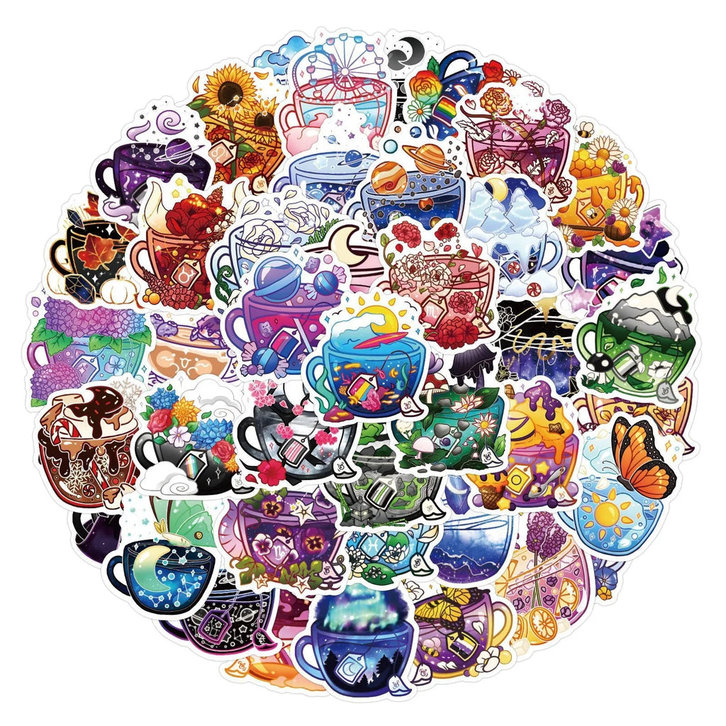 50 colourful tea cup graffiti waterproof stickers with Nordic style design for DIY luggage and scooter decoration