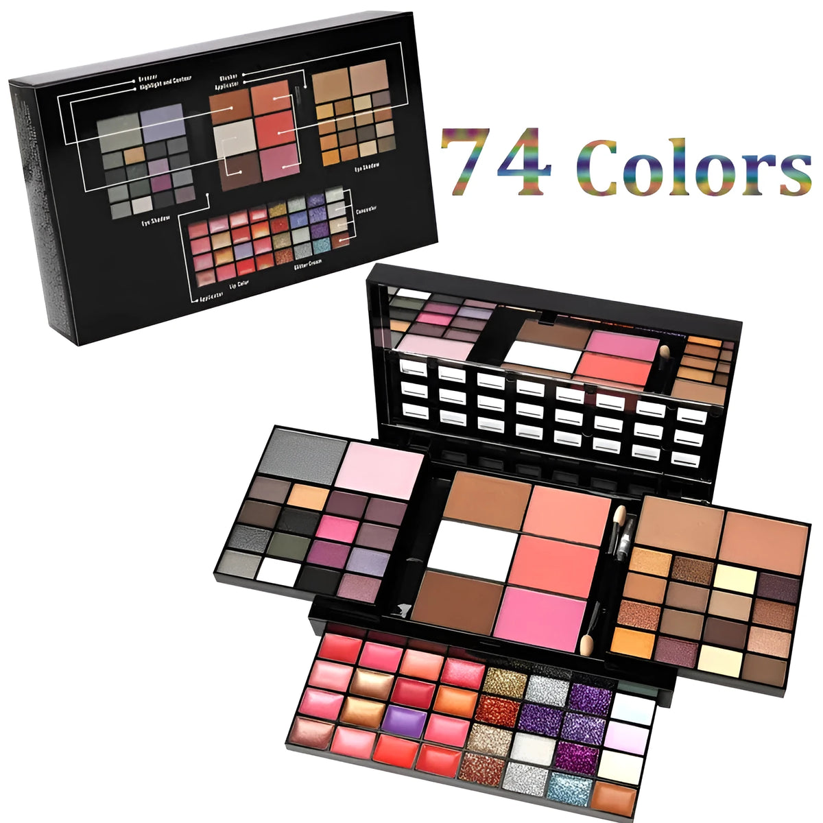 74 colour makeup combination plate with four layers, mirror, and included brushes