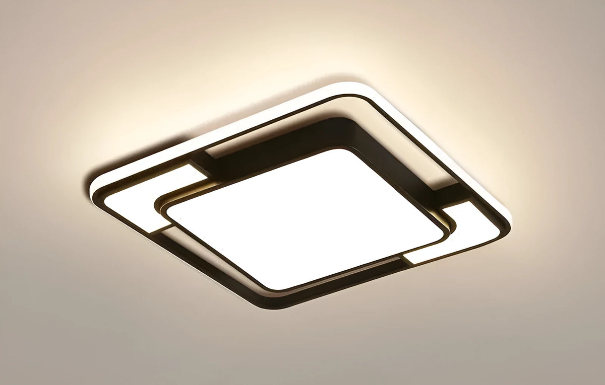 Square white iron LED ceiling lamp with a 42cm width and 5cm height.