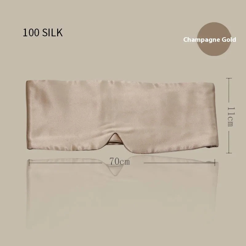 Mulberry silk sleep eye mask shown in champagne gold colour with adjustable elastic strap