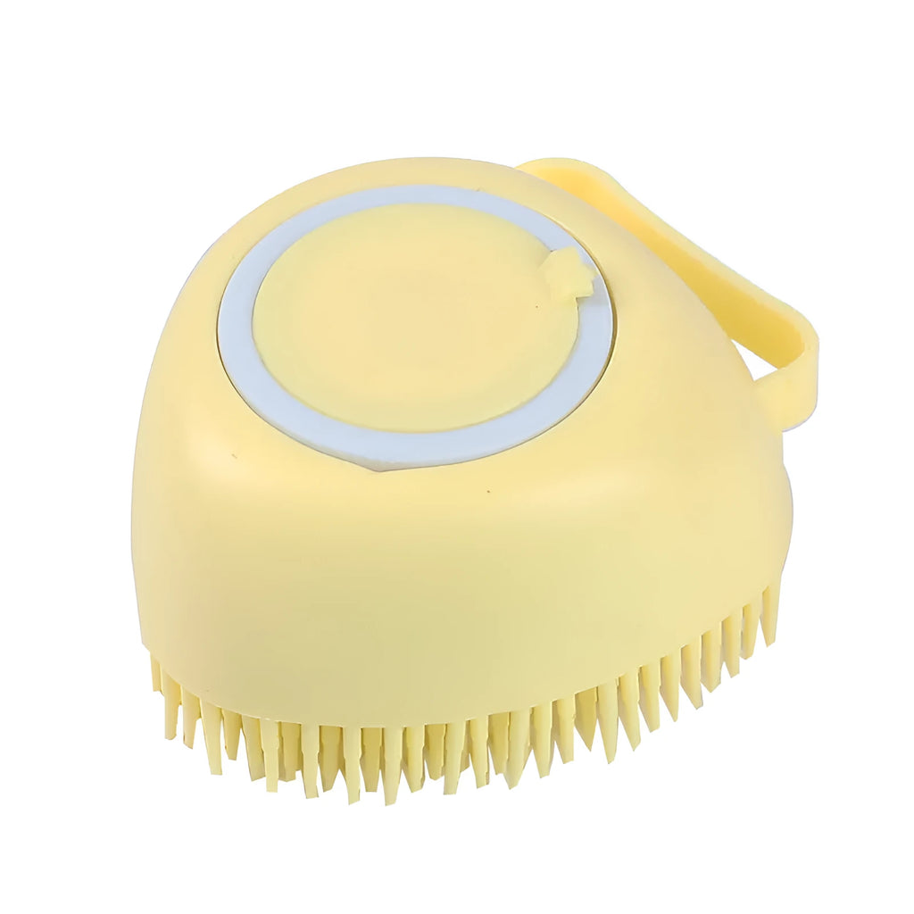 Silicone dog bath massage brush in blue, pink, and yellow colour options