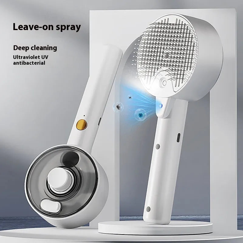 Ceramic white pet grooming brush with UVC blue light on, fine needles, and a mist spray nozzle.