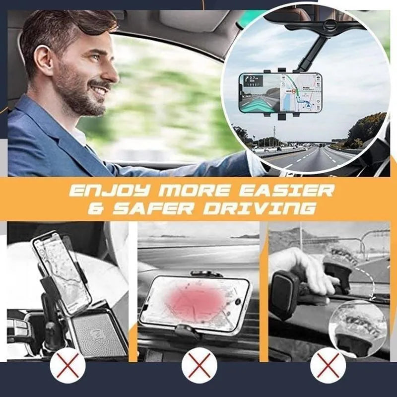 Black rearview mirror phone holder with 360-degree rotation mounted on car mirror holding mobile phone