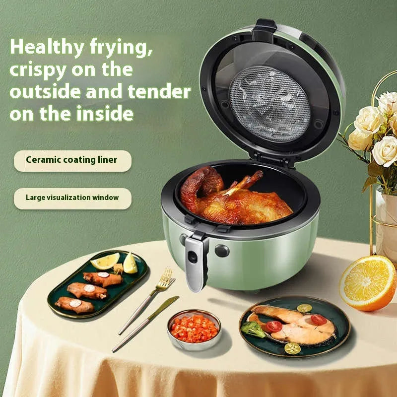 8-litre visible air fryer oven with mechanical buttons and nano-ceramic interior on a kitchen countertop.