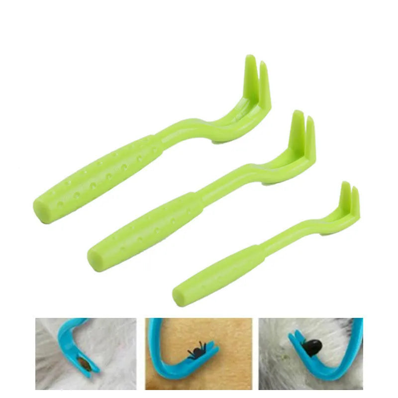 3 pack plastic pet tick removal clips in blue and green colours with hook design