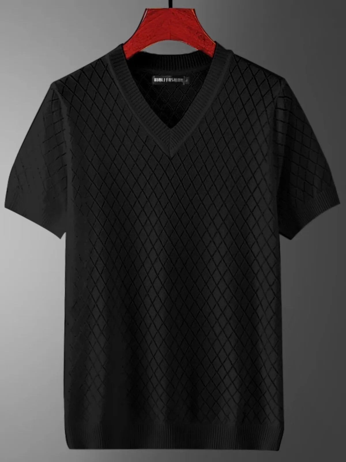 Men's plus size ice silk V-neck T-shirt with cut-out detail in black or white