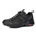 Men's beige off-road hiking shoes with elastic band closure and natural rubber outsole.