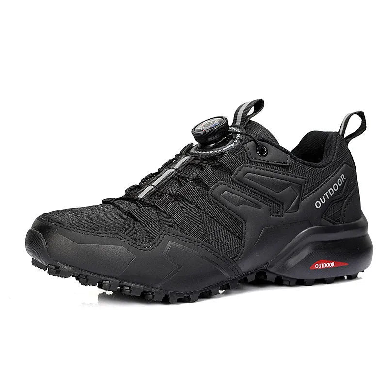 Men's beige off-road hiking shoes with elastic band closure and natural rubber outsole.