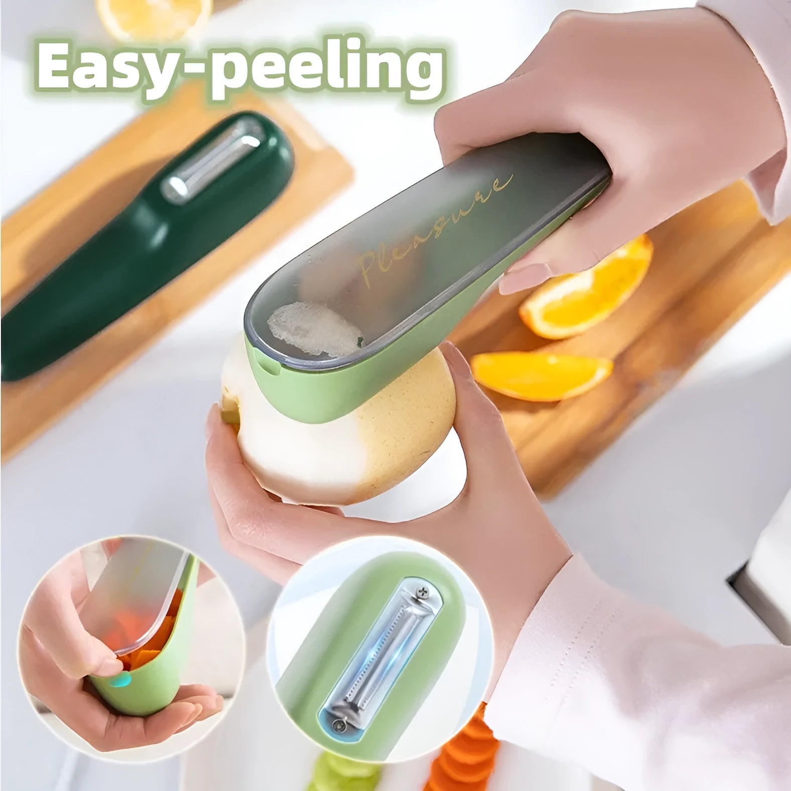 Dark green kitchen peeler with stainless steel blade stored inside its clear plastic storage tube.