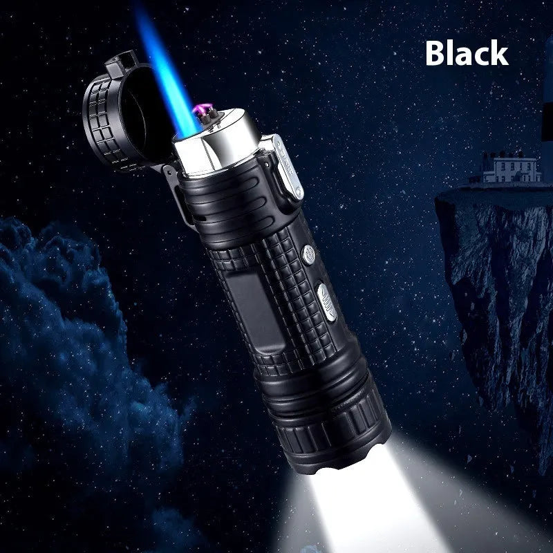 TH727 multi-function metal flashlight lighter showing colour options: black, blue, camouflage, red, yellow