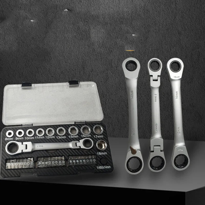 Two-way ratchet wrench set with sockets and screwdriver bits arranged beside the tool