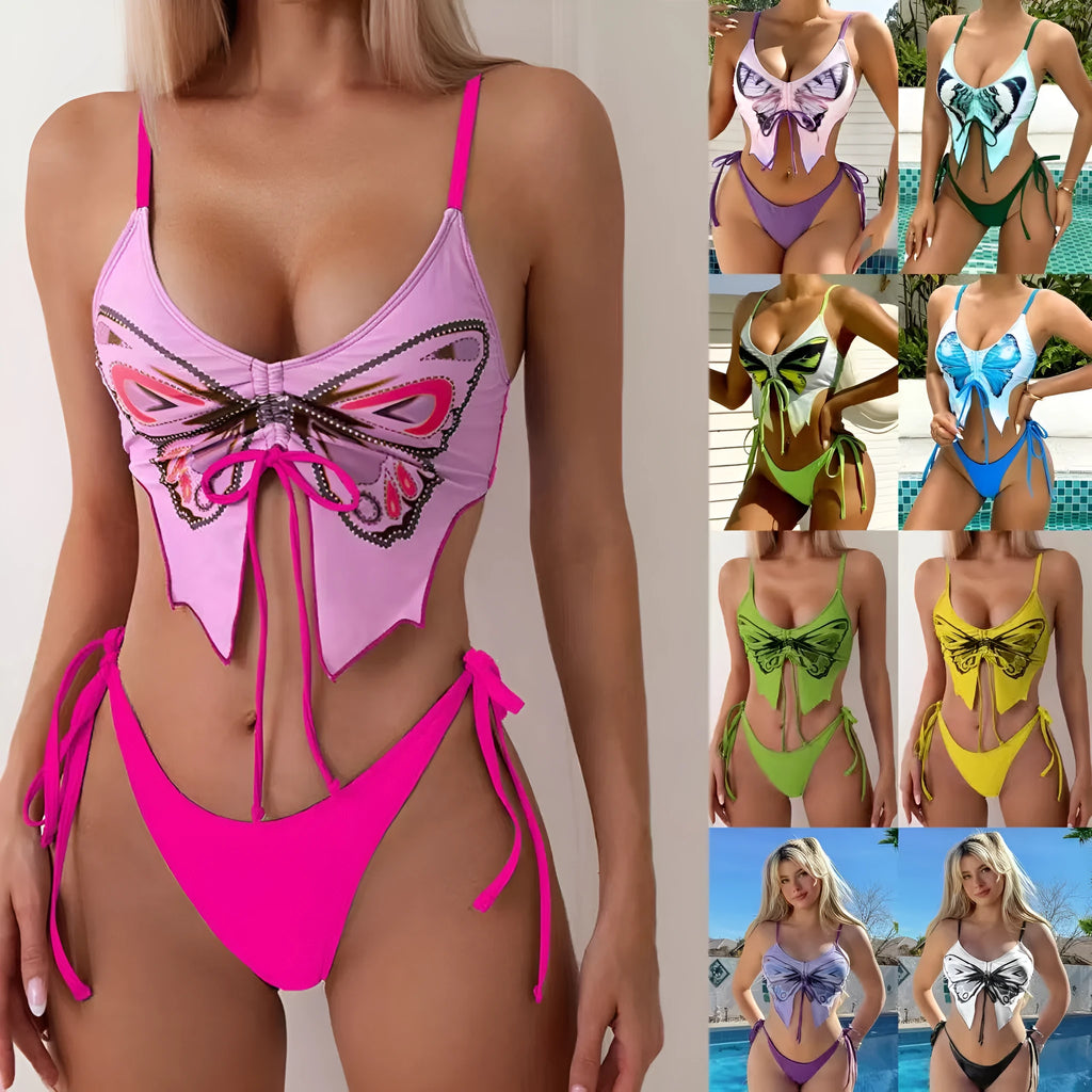 Women's purple bikini suit with bow detail and high-waisted briefs for swimming.