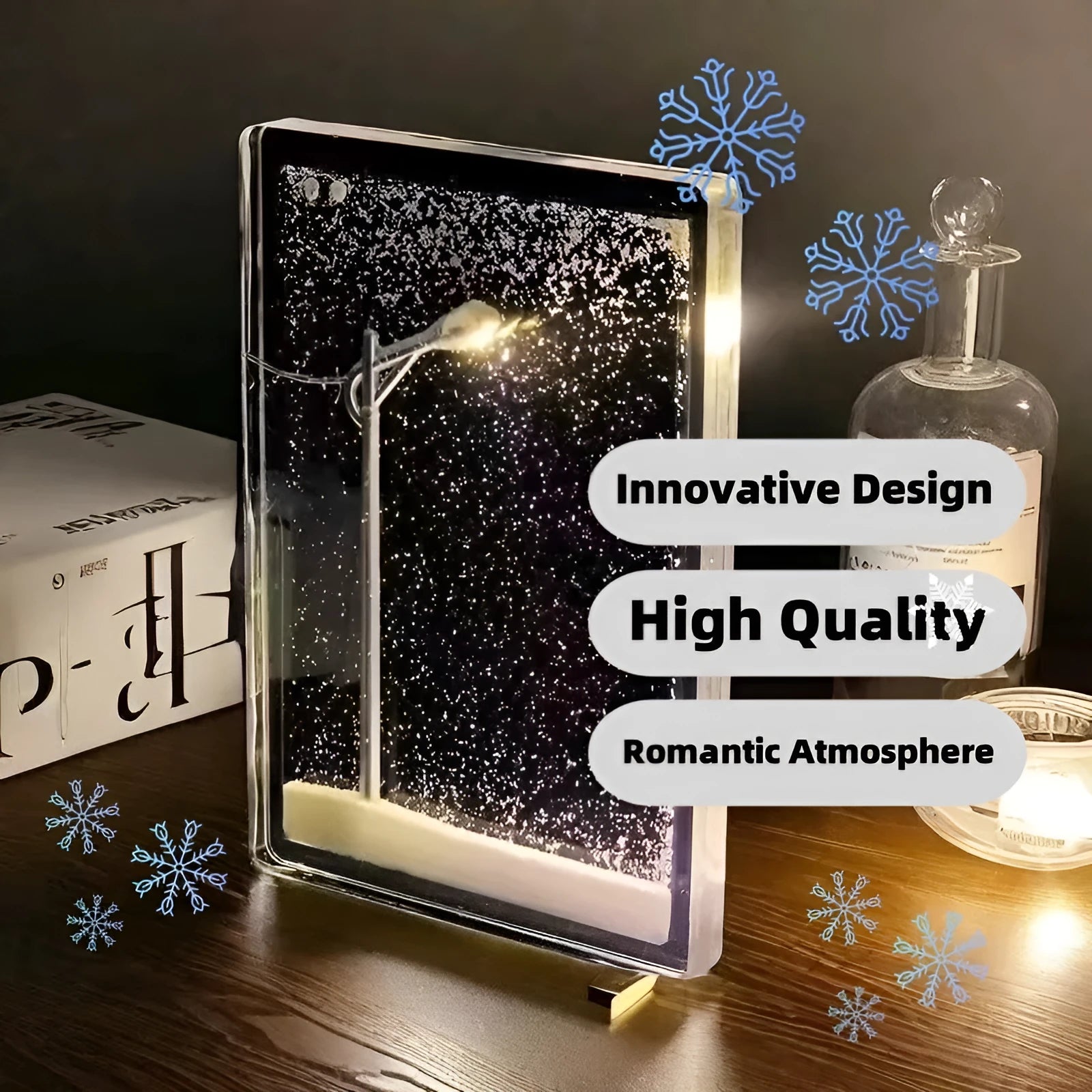 DIY snowy night light kit showing miniature street light and landscape with warm LED glow