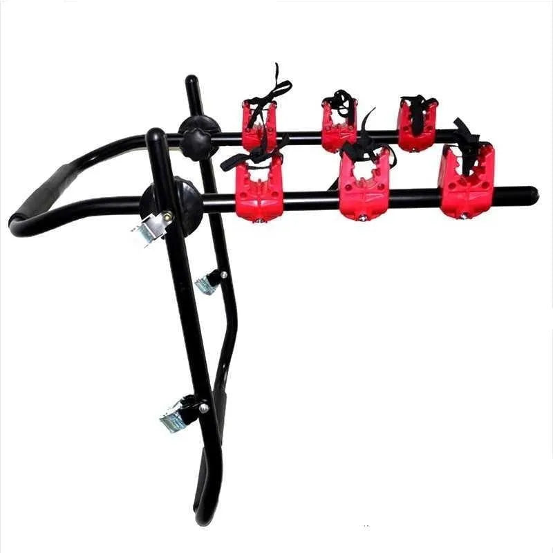 Black and red trunk mounted bike rack with protective sponge layer on car boot