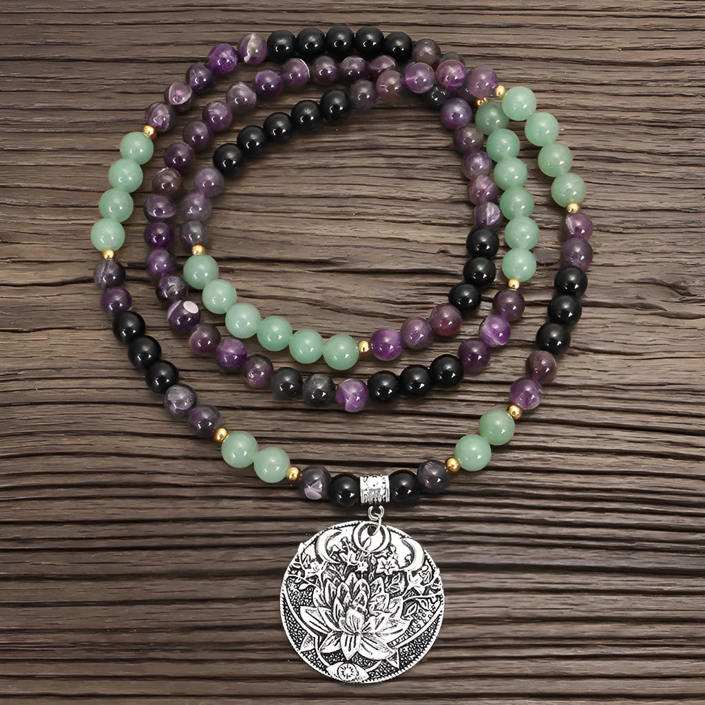 Handmade stone bead yoga necklace with alloy lotus pendant and matching bracelet