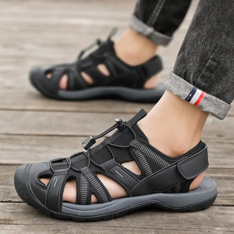 Men's blue and black summer casual shoes with mesh upper, rubber sole, and Velcro strap.