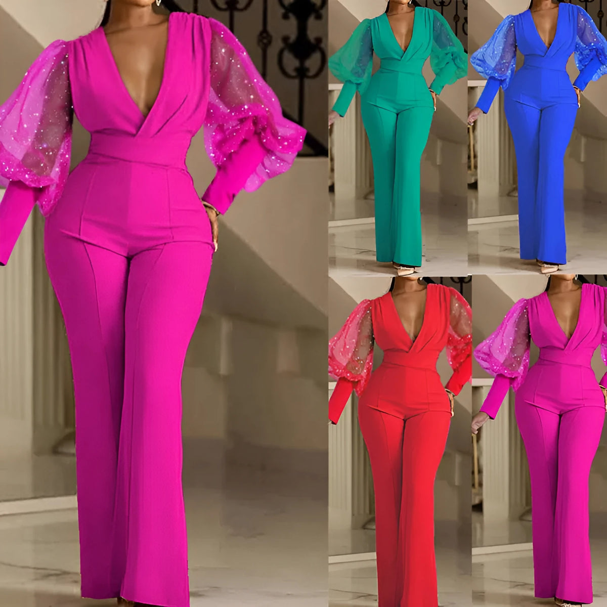 Red women's jumpsuit with mesh stitching on the bodice, long sleeves, and wide-leg trousers.