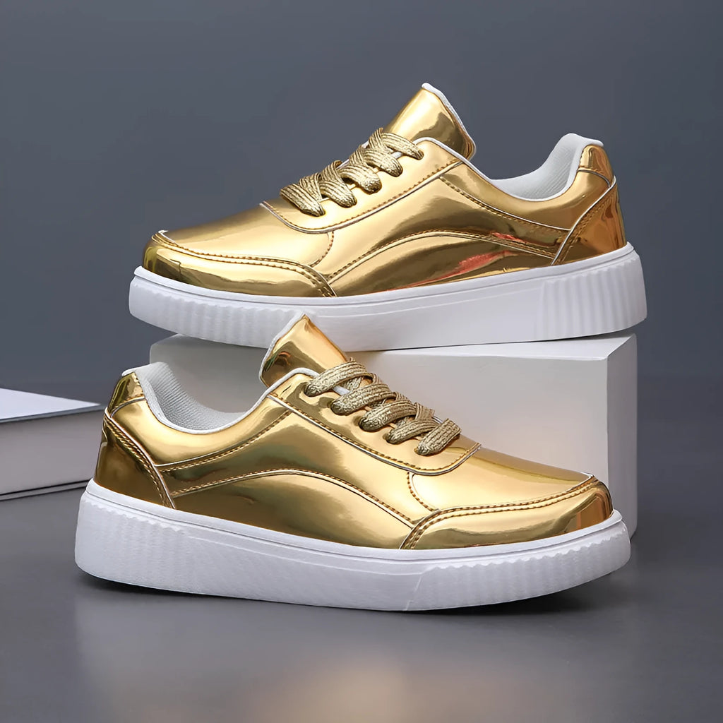 Thick-soled sequin platform sneakers in metallic gold colour with round toe