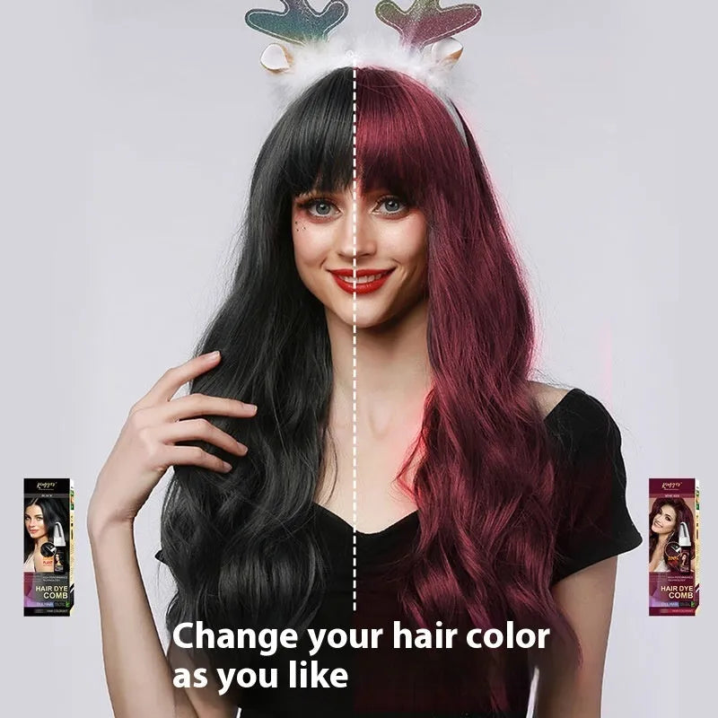 Hair dye kit with easy-colour comb applicator showing black, wine red, brown, and dark brown 200ml bottles