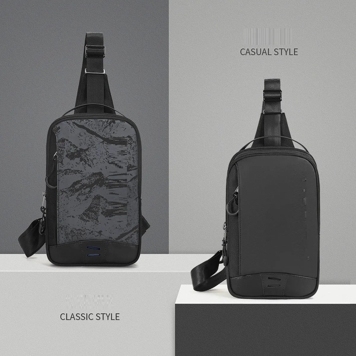 Casual black TPU camouflage chest pack with single shoulder strap and soft handle