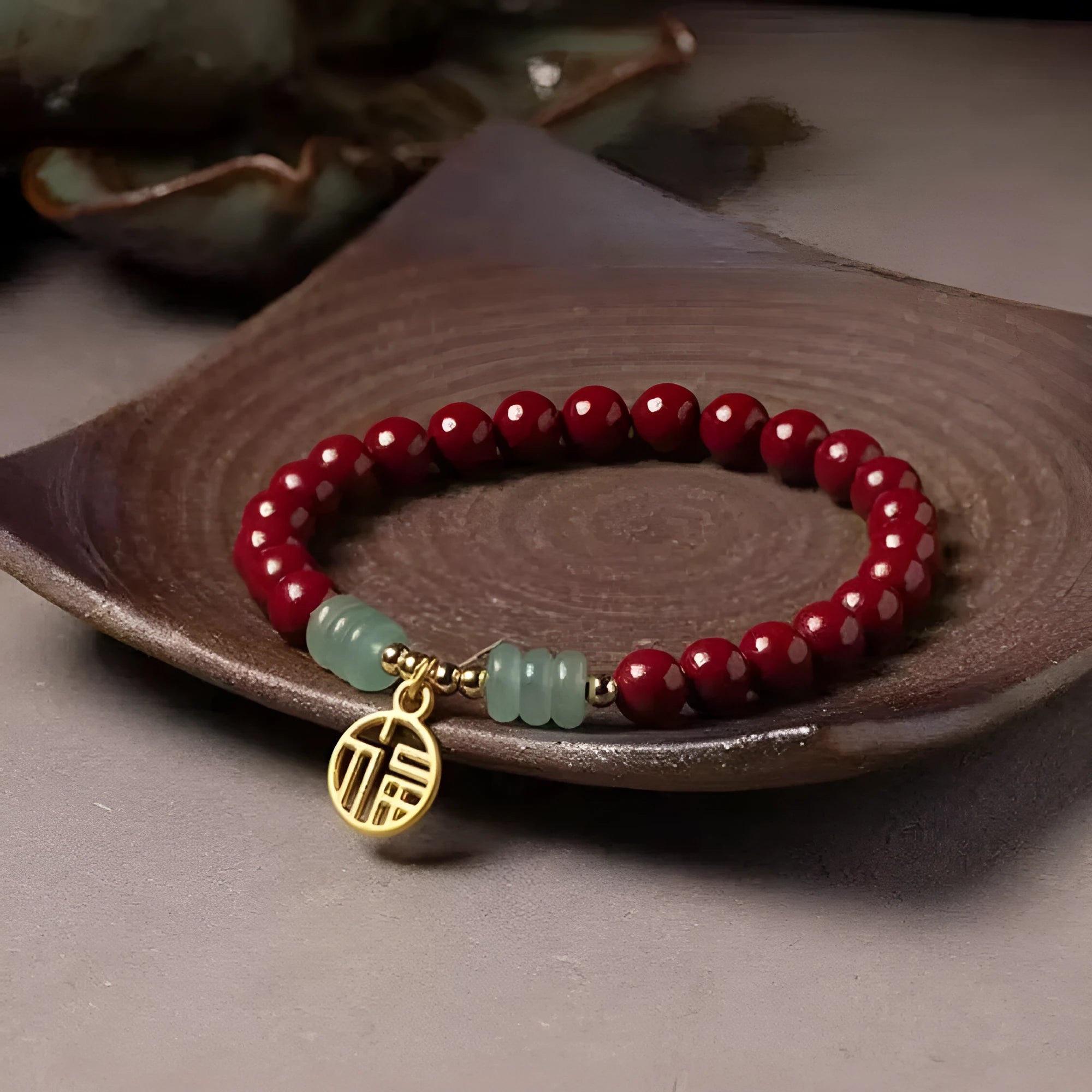 Women's wave-shaped cinnabar and copper bracelet in national style design