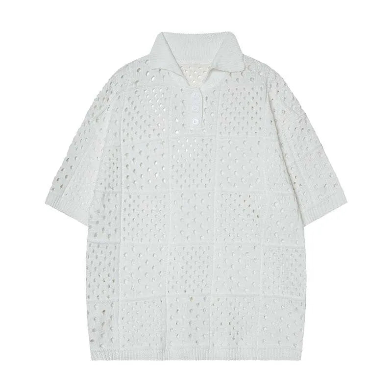 Men's solid colour short-sleeved polo shirt with a hollow knit texture and loose fit.