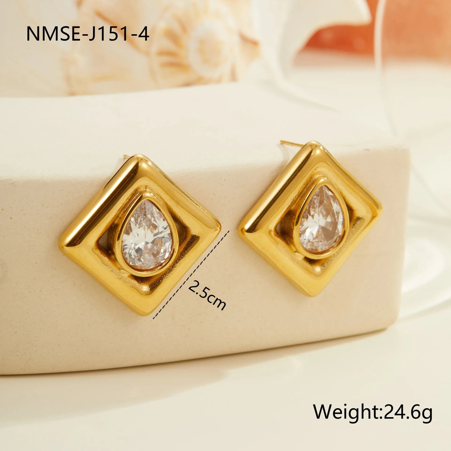 Gold geometric stud earrings with water drop zircon design on stainless steel