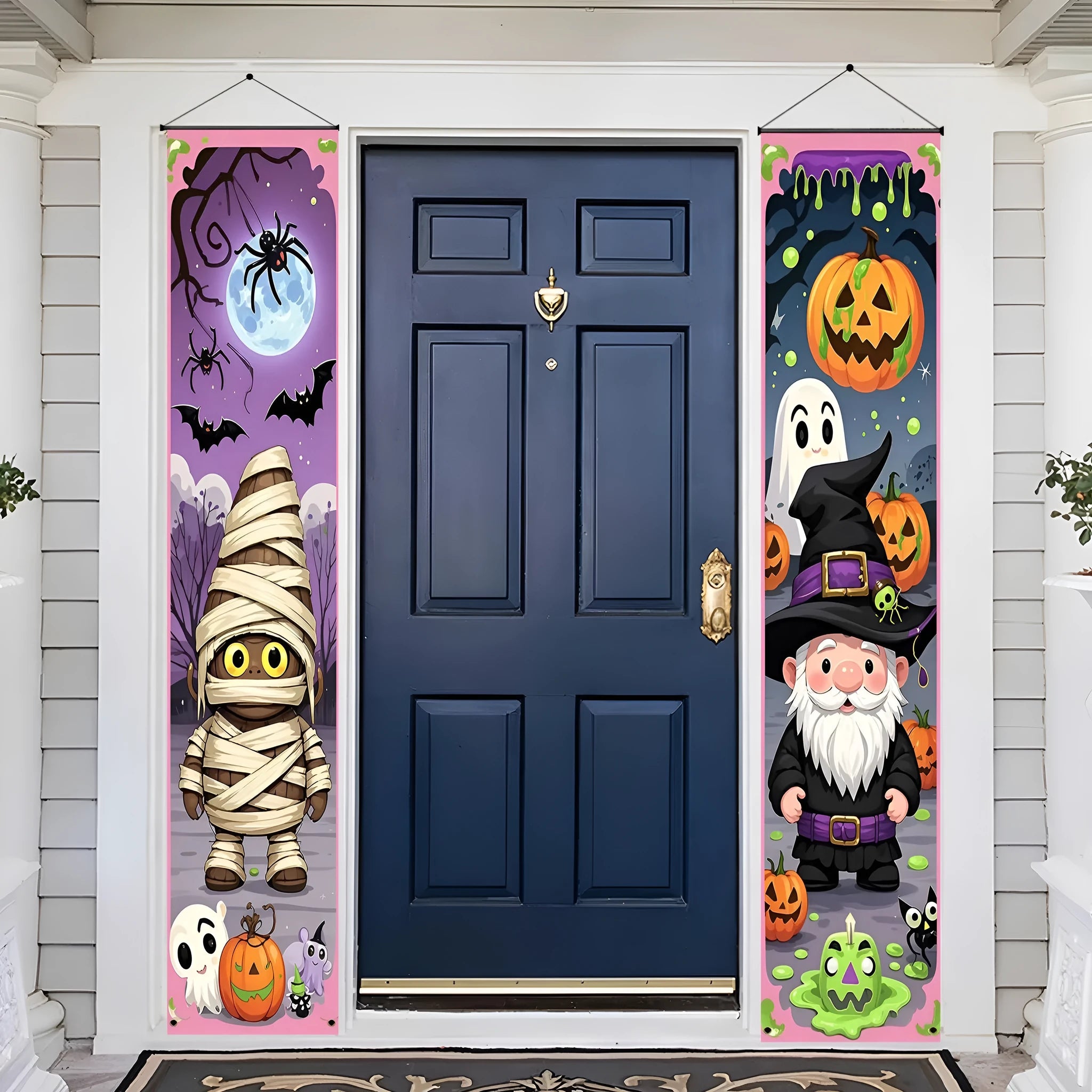 Pair of polyester Halloween couplet banners measuring 30cm by 180cm for door or wall decoration