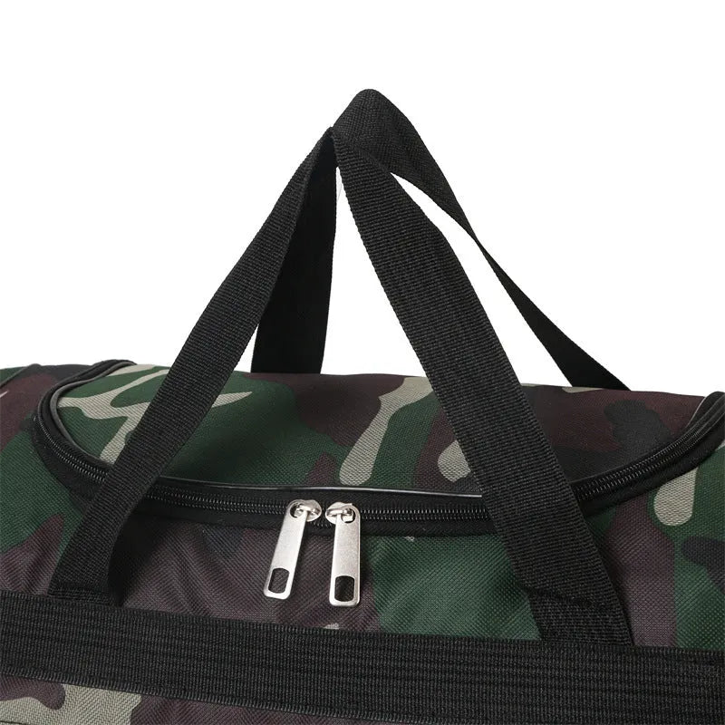 Camouflage pattern waterproof luggage bag with striped interior lining showing under 20L capacity