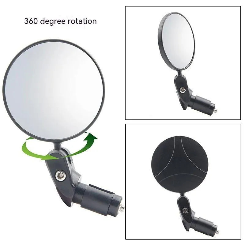 Black foldable convex rearview mirror showing 7cm diameter and rotating joint.