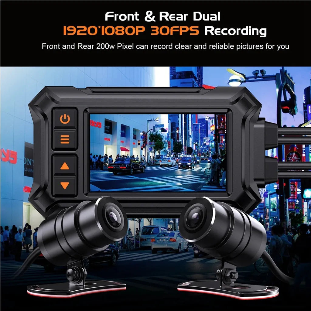 Motorcycle dash cam system with dual lenses, 3-inch display, GPS module, and mounting accessories.
