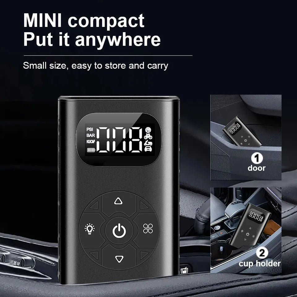 Black cuboid USB power bank tyre inflator with attached air tube for cars and motorcycles.