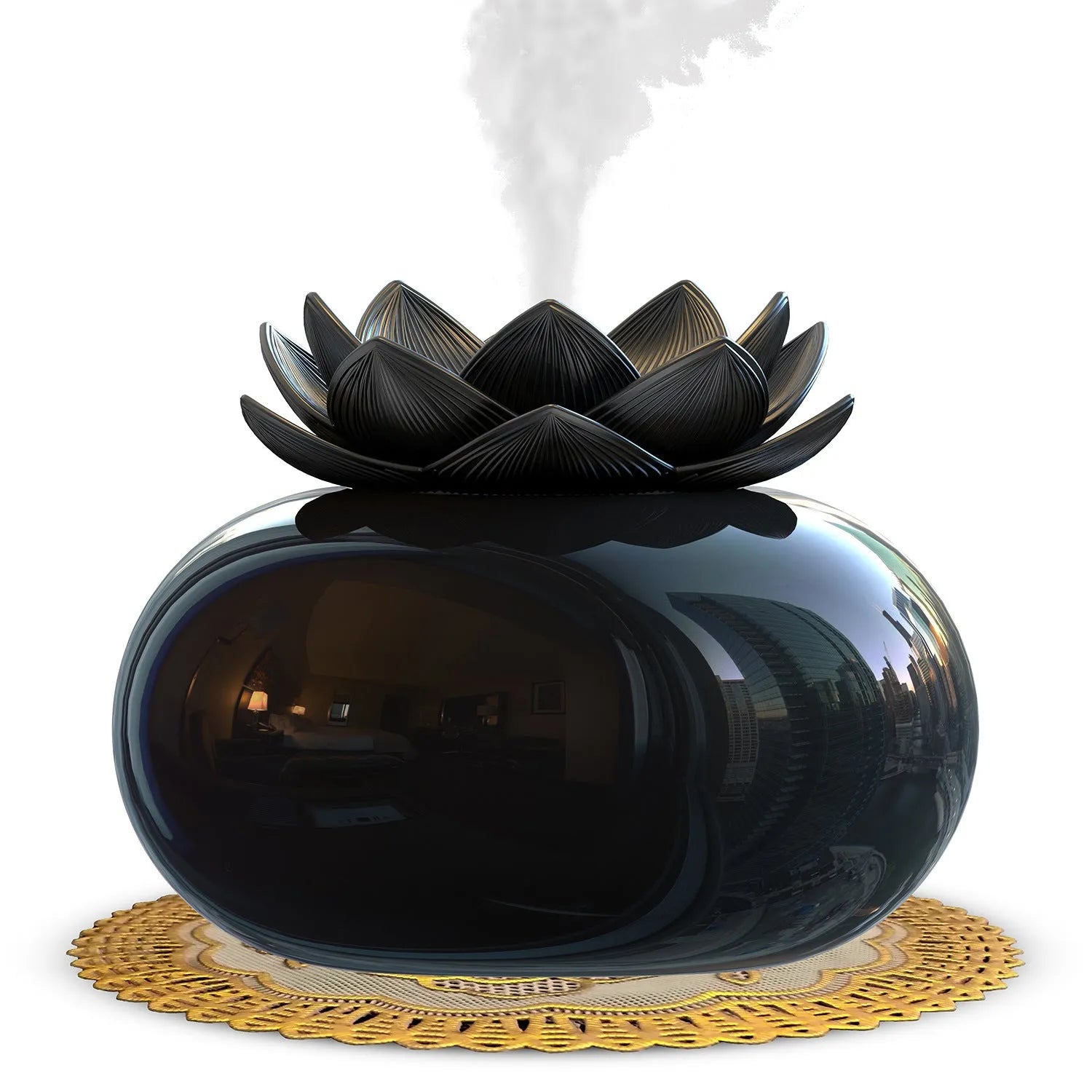 Pure black lotus aromatherapy humidifier with USB port and ceramic base