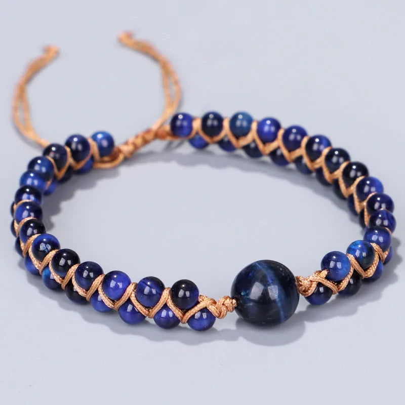 Handmade woven pull bracelet with Tigereye or Amethyst gemstone beads in geometric design