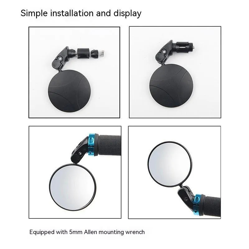 Black foldable convex rearview mirror showing 7cm diameter and rotating joint.
