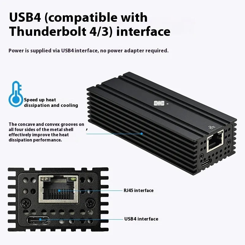 Black Leyu USB4 to 10 Gigabit Ethernet network adapter with RJ45 port and short cable