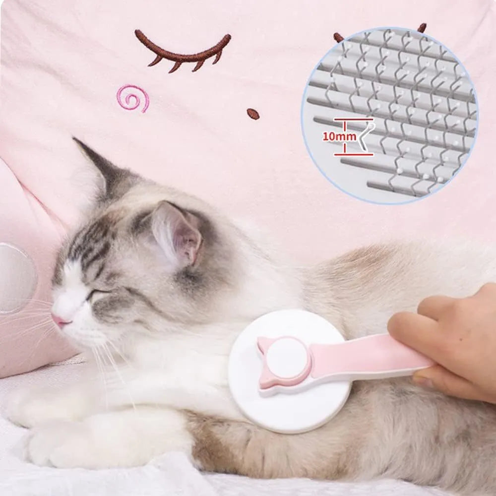 Self cleaning cat brush with blue rubber handle and metal pins with round tips