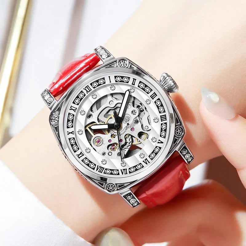 Mechanical watch with luminous hands and a leather strap, shown in various dial colour options.