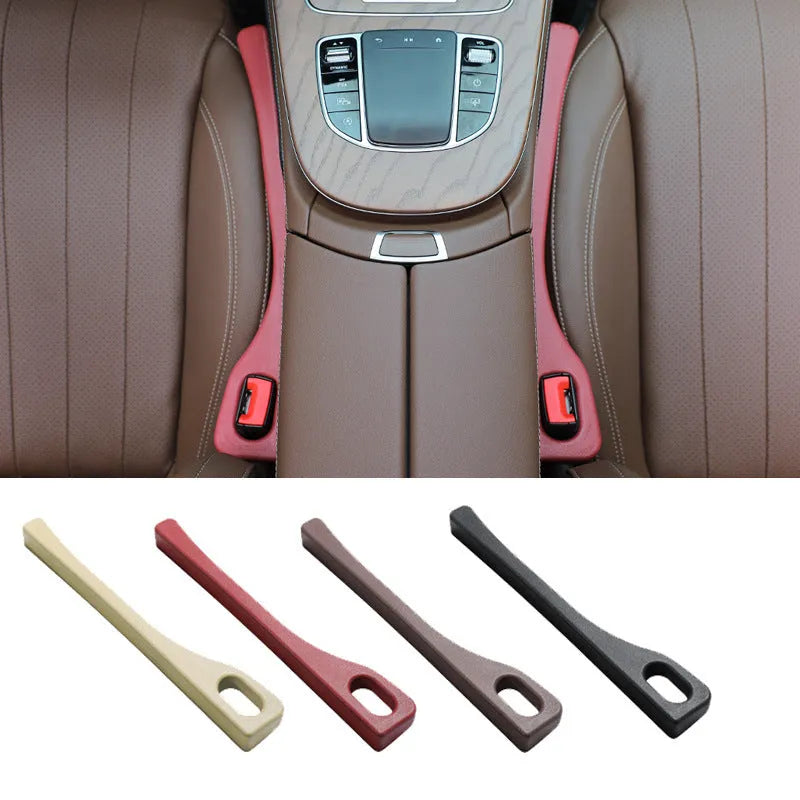 Polyurethane car seat gap filler strip in beige colour, placed between a car seat and centre console.