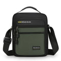 Men's nylon crossbody bag in green, shown with multiple pockets and adjustable shoulder strap.